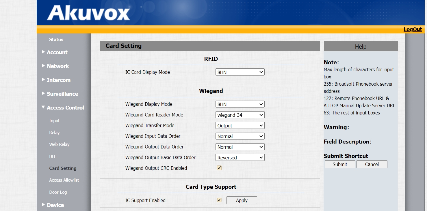 Akuvox reader wiegand for parsec